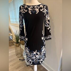 White House Black Market Black Dress with White and Blue Accents